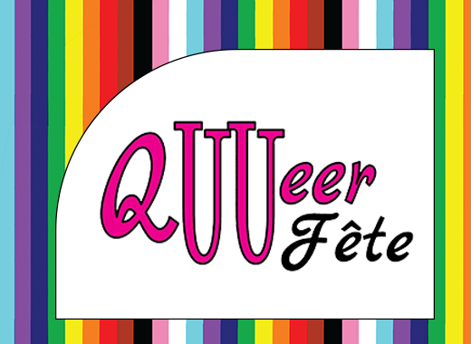 Rainbow background graphic that says QuueerFete